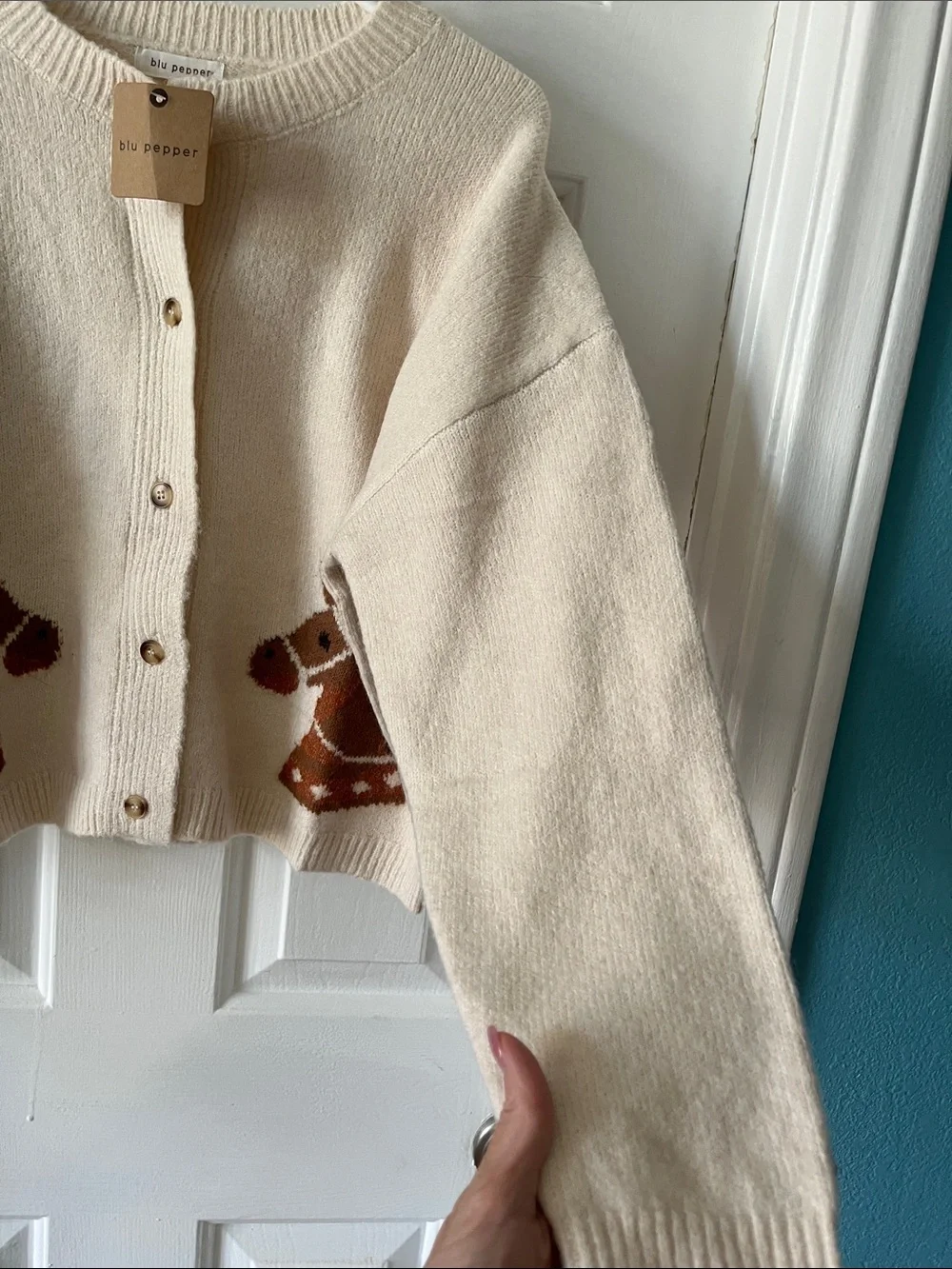 Blu Pepper Cream Cardigan with Brown Horse Intarsia - Picture 5 of 5